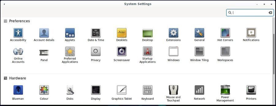 Cinnamon: system settings panel