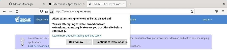 Allow “extensions.gnome.org” to install module