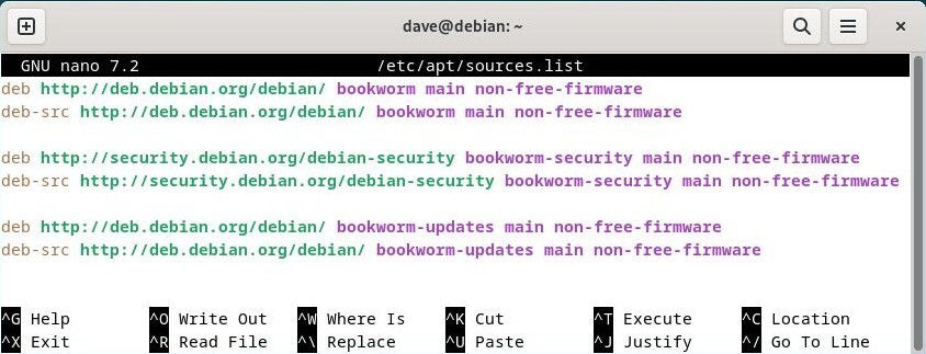 The default ‘sources.list’ file on Debian 12