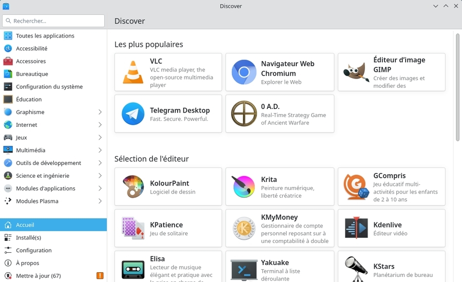 Page d’accueil de la logithèque KDE