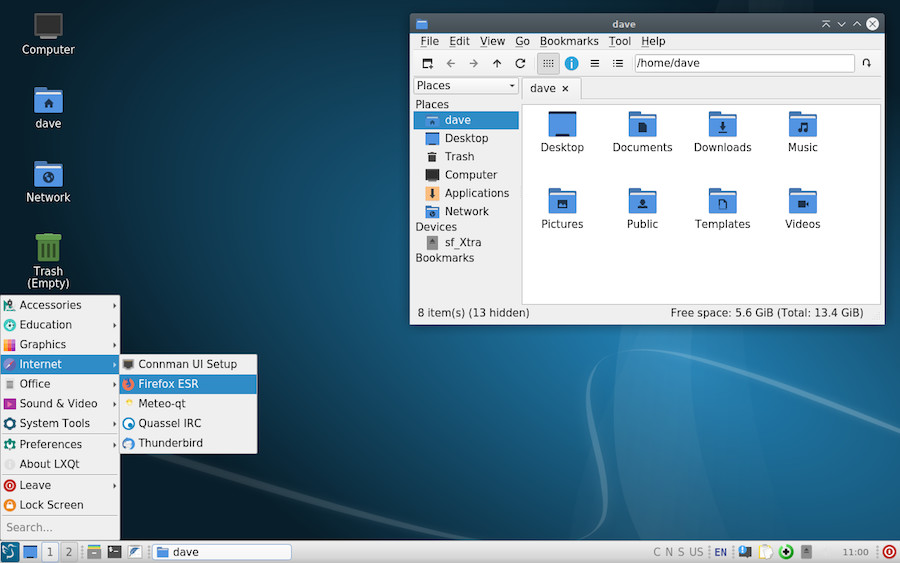 The LXQt desktop with the application menu and the PCManFM file manager