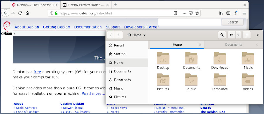 The Firefox web browser and the file manager on Gnome