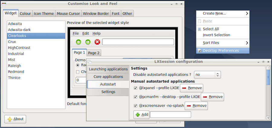 LXDE Appearance and Session configuration panels on Debian