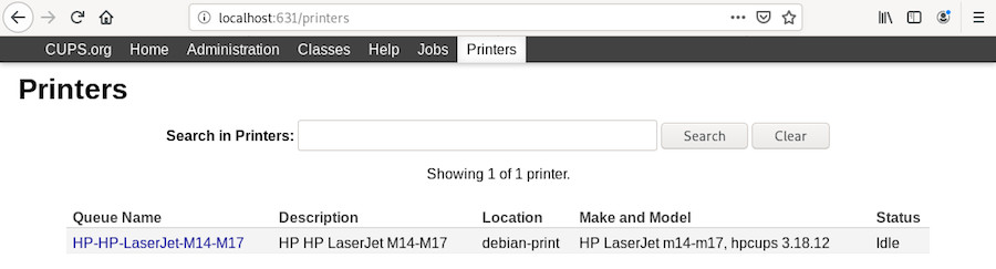 CUPS: “Printers” tab of the web interface