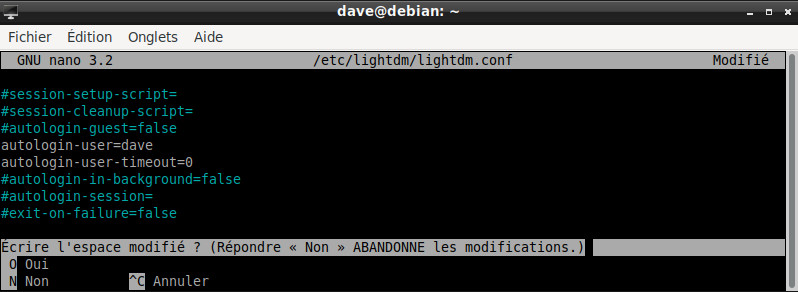 LightDM: configuration file edition with the Nano CLI editor