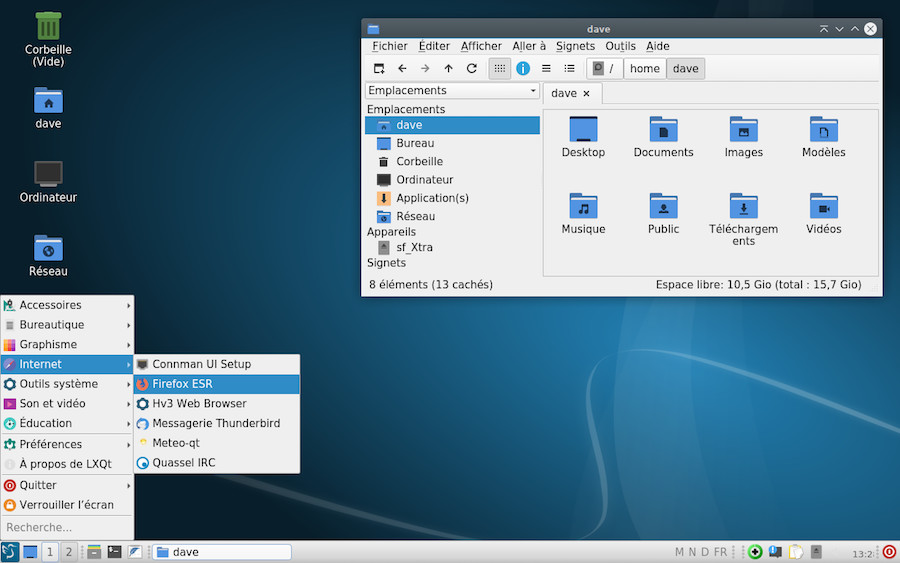Le bureau LXQt avec le menu des applications et le gestionnaire de fichier