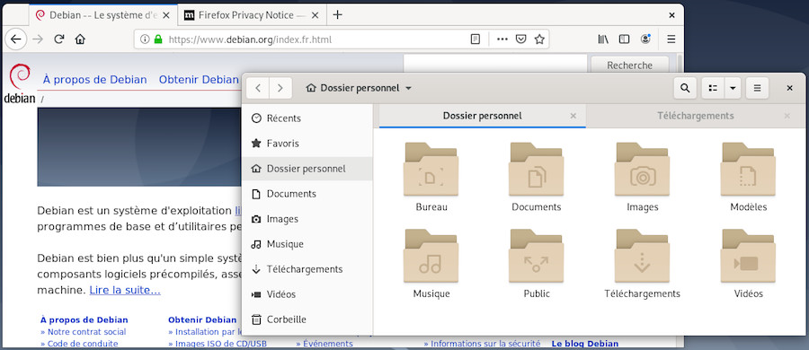 Le navigateur Firefox et le gestionnaire de fichiers sur Gnome