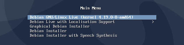 Le menu d’accueil du Live Debian 10