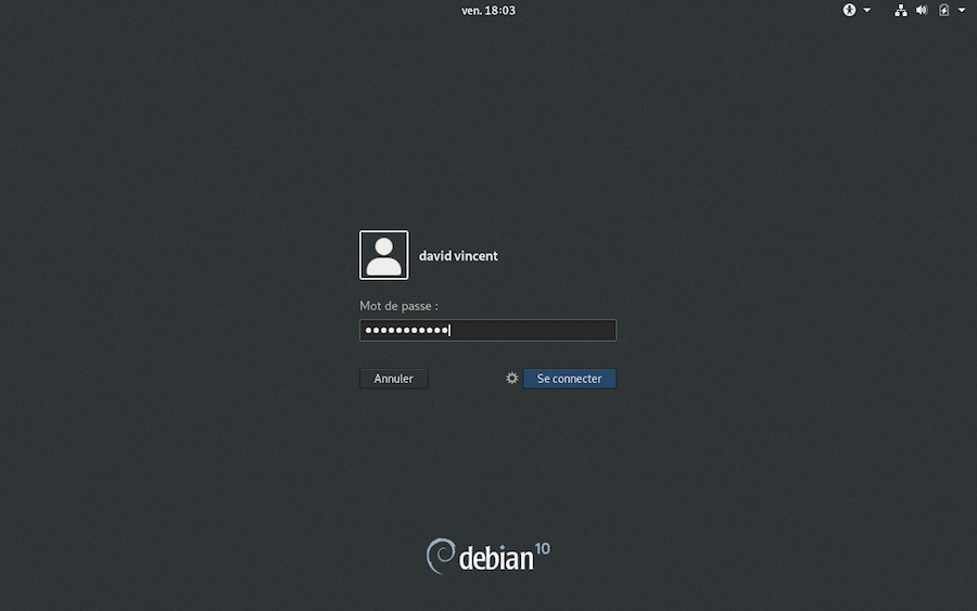 Debian : l’écran de connexion Gnome