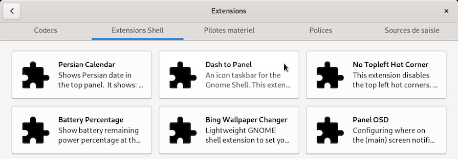 Liste des extensions Gnome-Shell disponibles