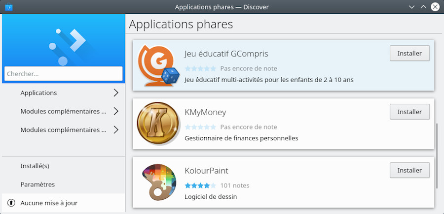Page d’accueil de la logithèque KDE “Découvrir”