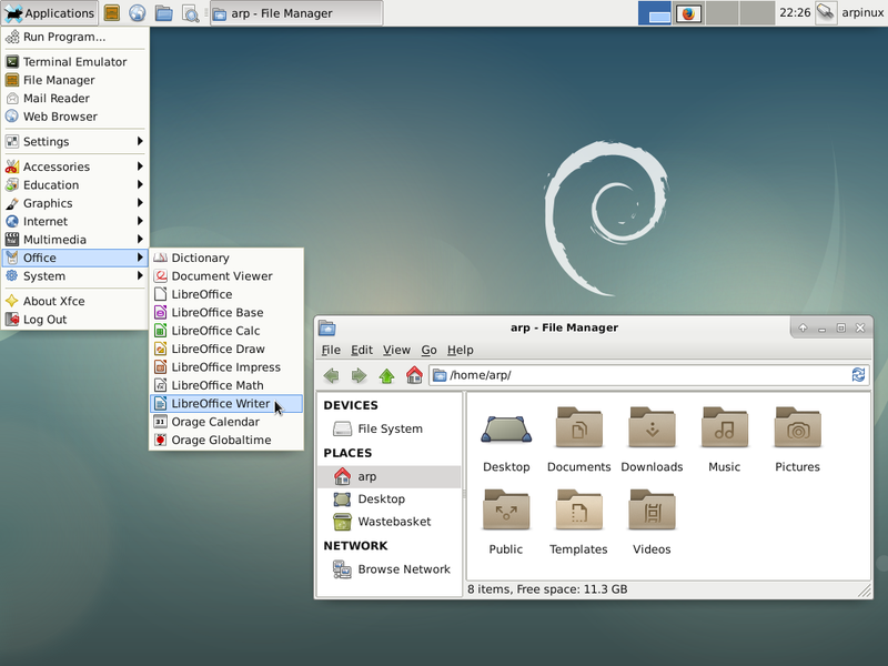 The Xfce desktop with the application menu and Thunar