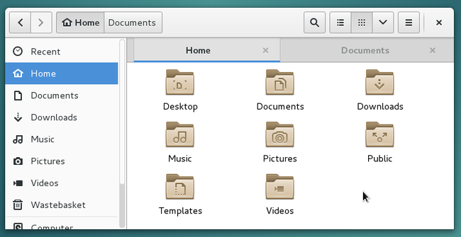 The system file manager Nautilus, on Gnome, with two open tabs
