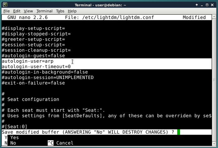 LightDM: configuration file edition in Néano CLI editor