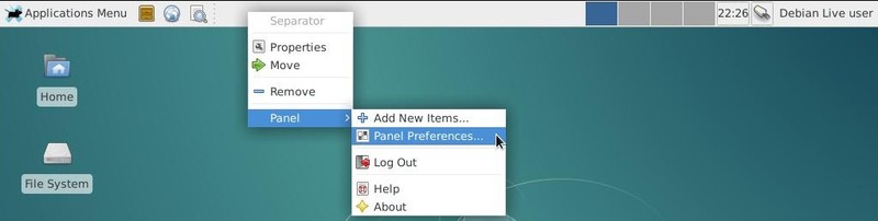Accessing the Xfce panel configuration with a right-click