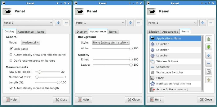 The 3 tabs of the Xfce panel configuration