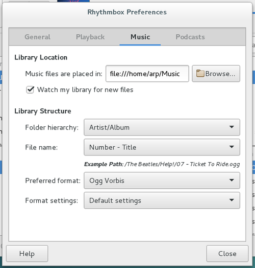 Rhythmbox: preferences settings