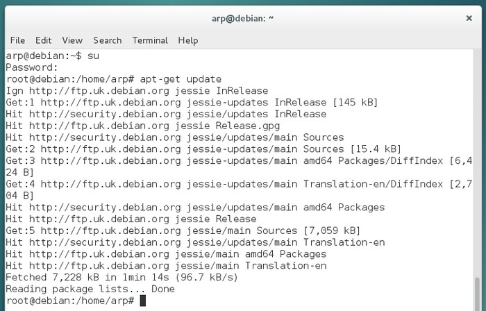 Terminal in administrator mode: package list update using apt-get update