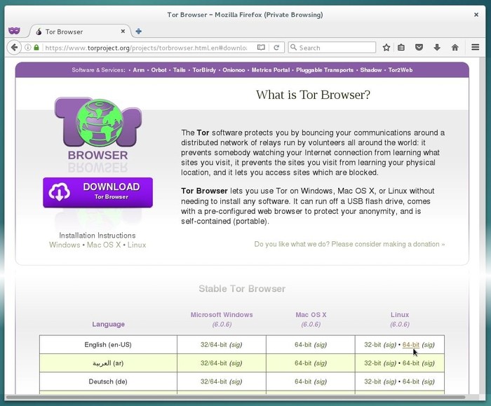 TorBrowser: the downloading page