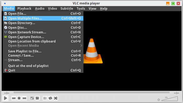 VLC: open a media from the Media menu
