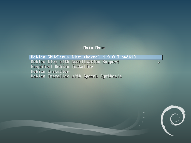Le menu d’accueil du Live Debian