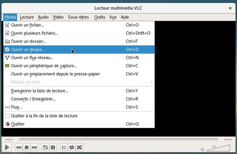 VLC : ouvrir un disque depuis le menu Média