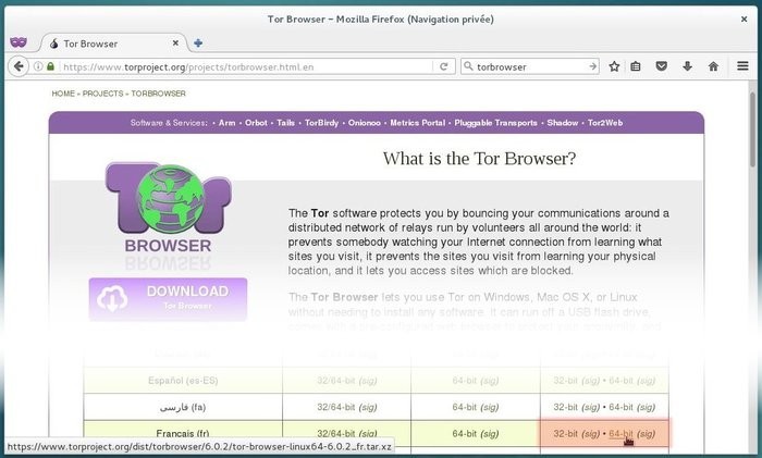 TorBrowser : page de téléchargement du navigateur