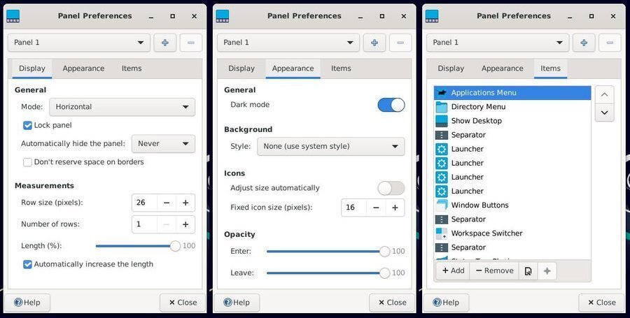 The 3 tabs of the Xfce panel configuration