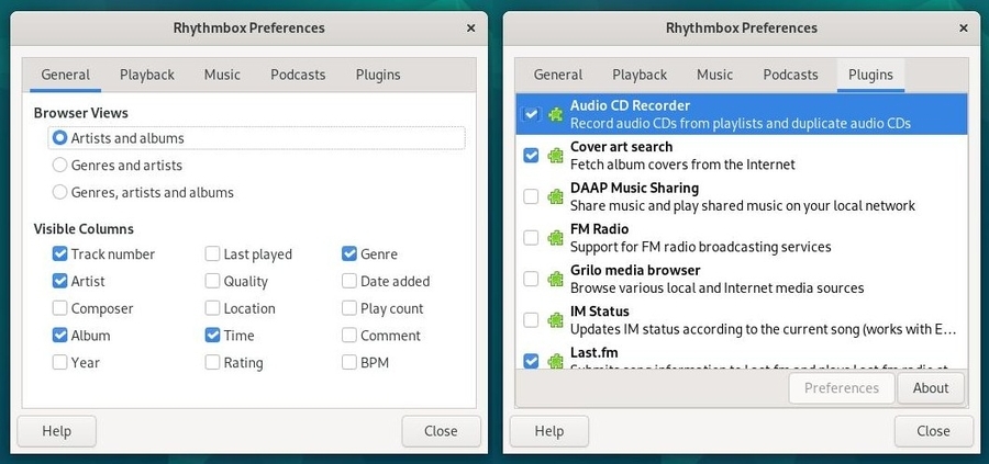 Rhythmbox: preferences/plugins settings
