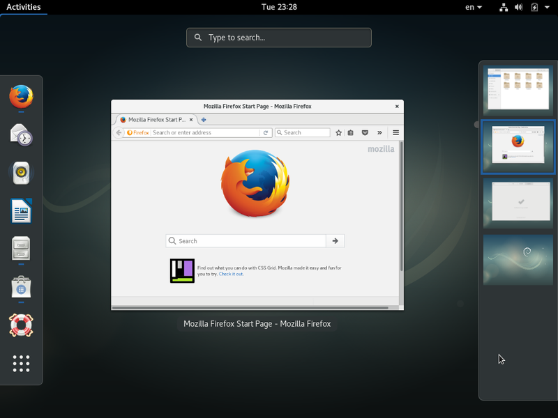 Gnome and 4 virtual desktops displayed on the right panel