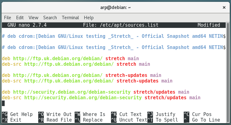 An example of sources.list file on Debian 9